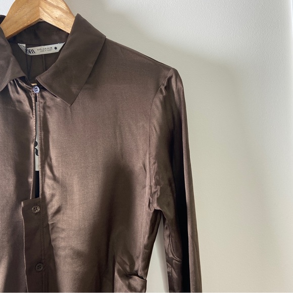 Zara Brown Satin Mini Shirt Dress Ruched Sides - Size S - Picture 2 of 7